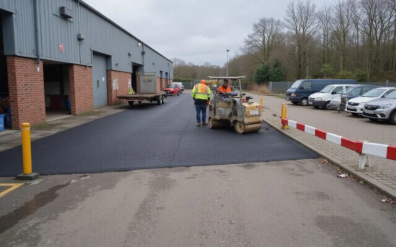 A commercial car park partially resurfaced with fresh tarmac on one section while the rest remains open to traffic