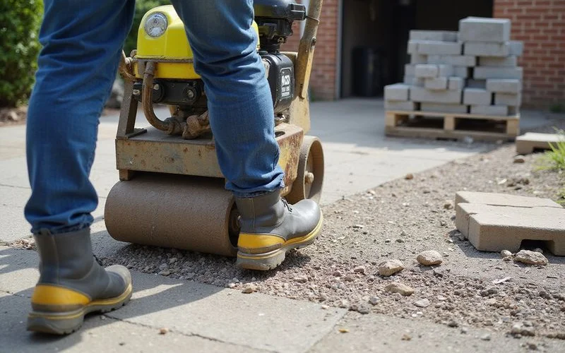 A plate compactor being used to compact a crushed stone sub-base layer before block paving is laid on top