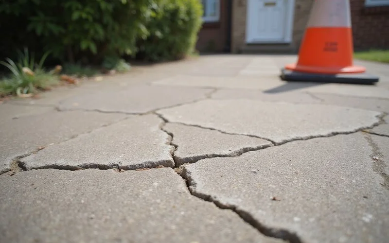 A cracked paving slab showing a visible height difference at the edge, marked with a small warning cone