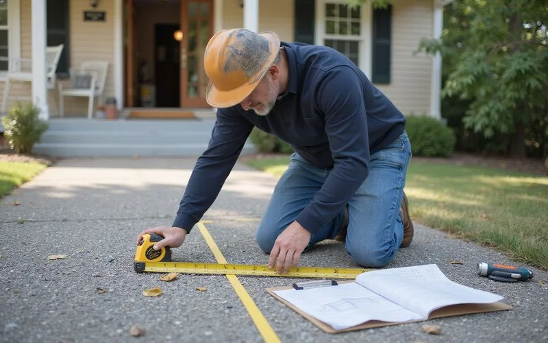 A driveway being measured and marked out with pegs and string before excavation begins