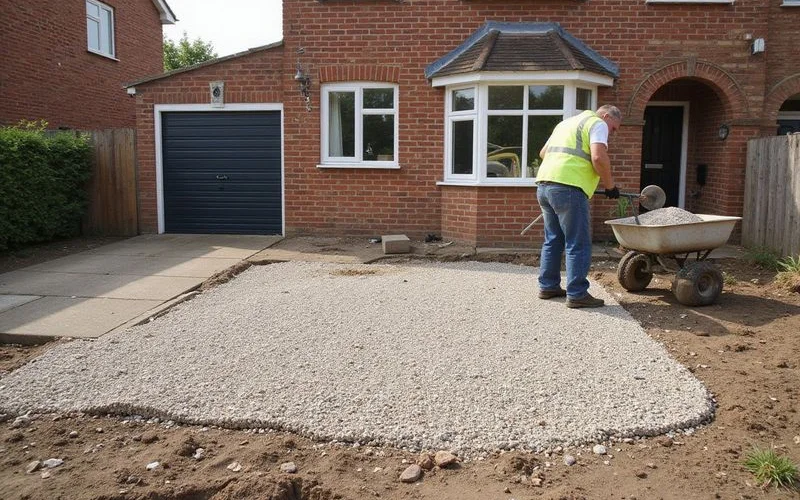 A driveway mid-installation showing a compacted stone sub-base being prepared before the surface material is laid on top