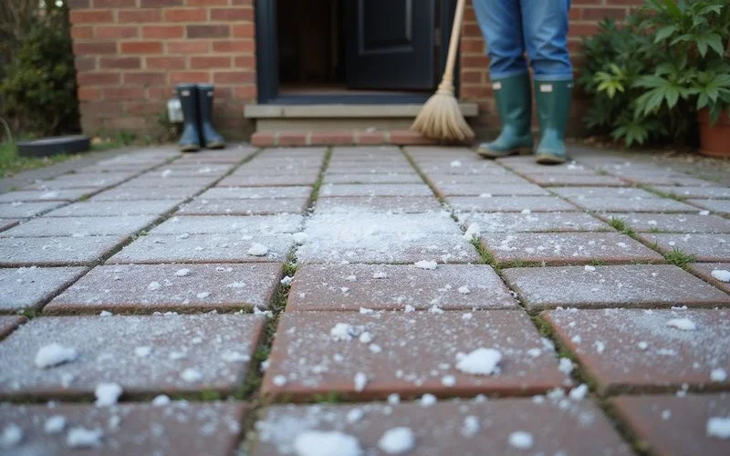 A driveway dusted with frost in early morning light, with grit scattered across the surface near the front door