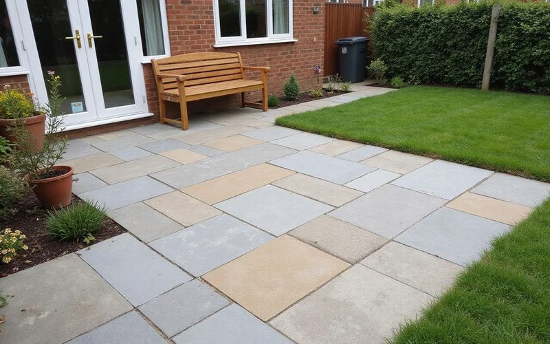A newly laid patio with clean paving joints and a level, well-drained finished surface in a residential garden
