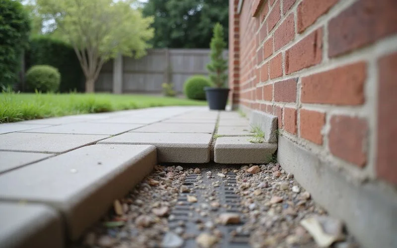 A patio surface with a visible slight slope directing rainwater away from a house wall toward a garden border