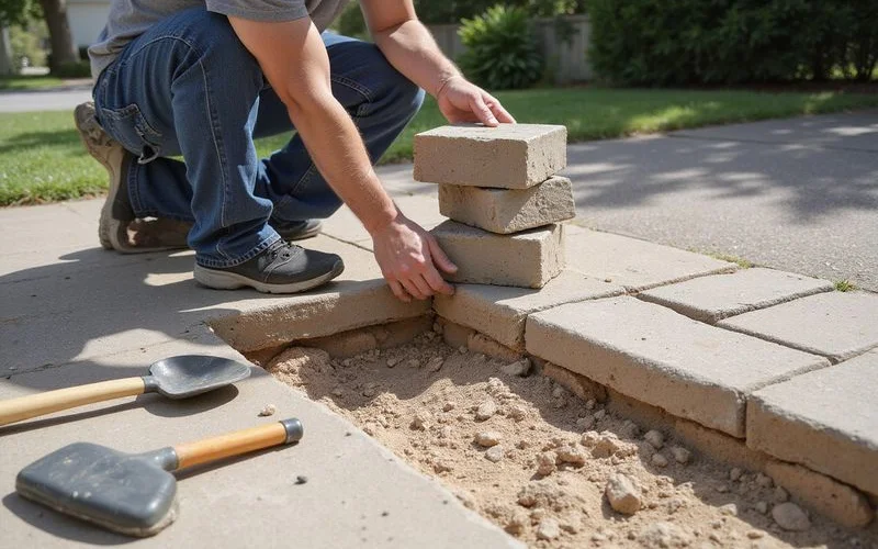 A contractor lifting and resetting a section of sunken block paving during a targeted driveway repair