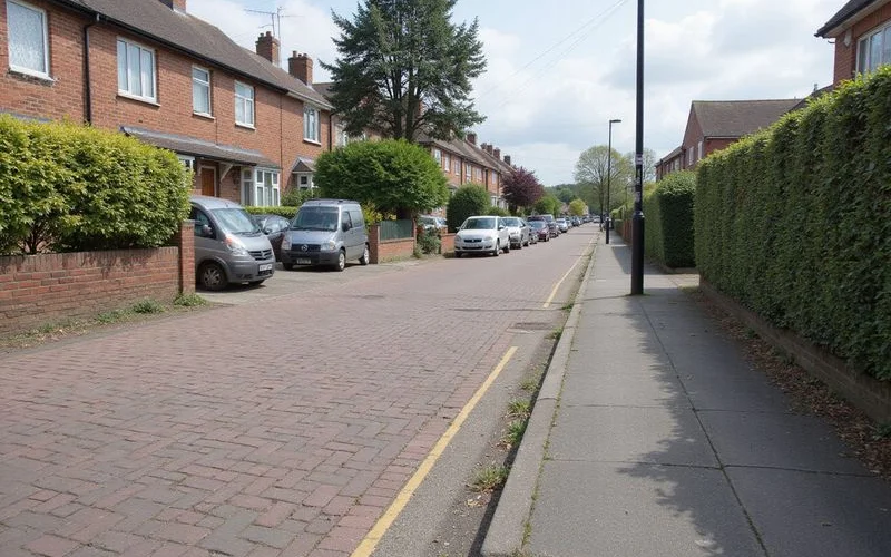 A residential street in Cheltenham with a mix of permeable block paving and traditional front garden driveways