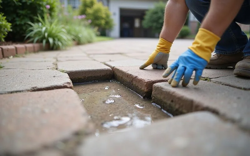 A section of driveway showing a sudden dip and displaced paving blocks after a heavy storm, with visible standing water nearby
